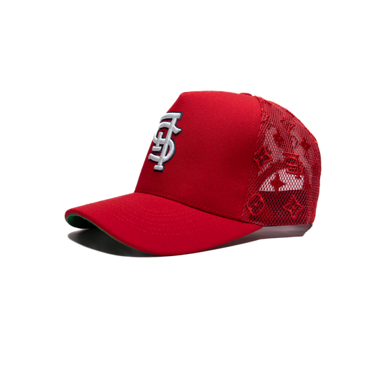 Gorra snapback roja con monograma de San Luis