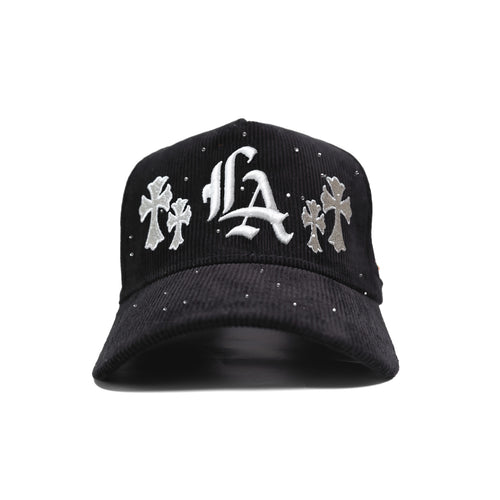 Gorra Crystal LA Cross de pana negra con cierre tipo snapback