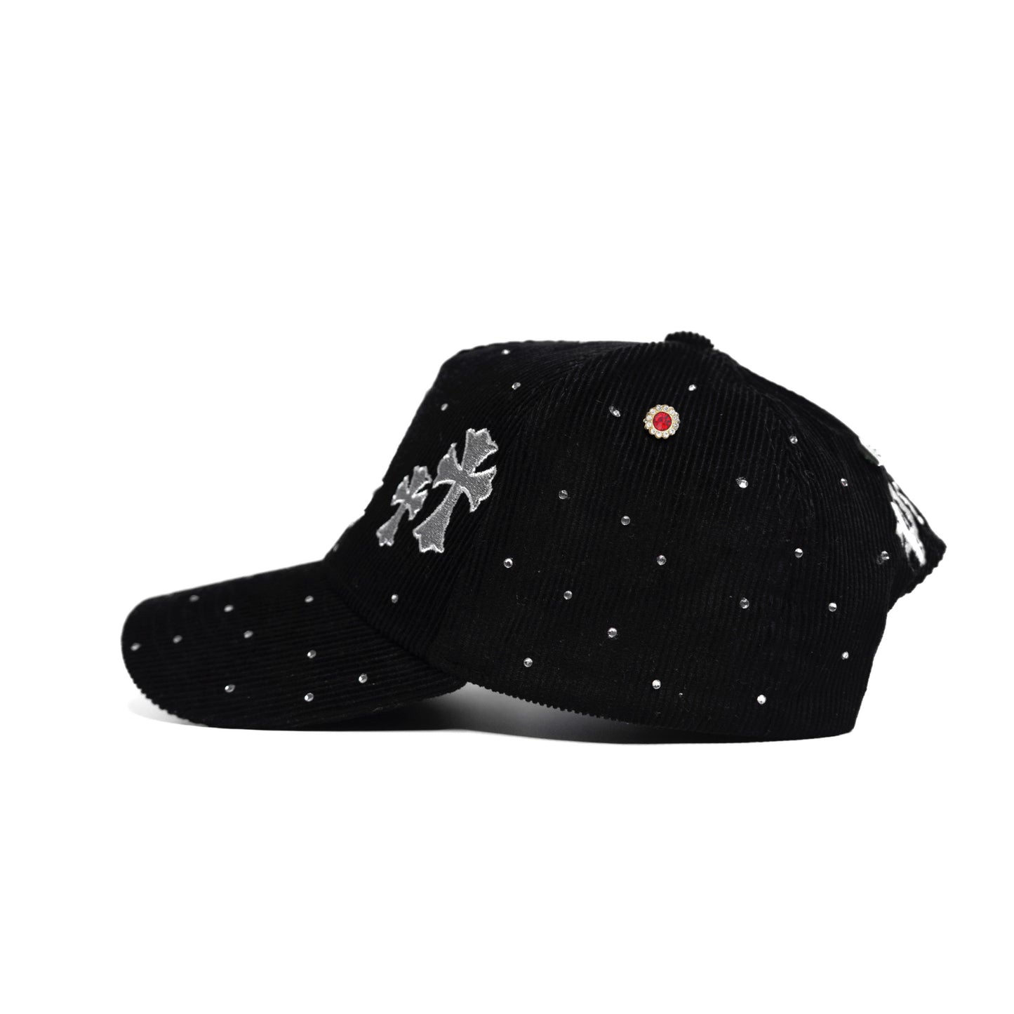 Gorra Crystal LA Cross de pana negra con cierre tipo snapback