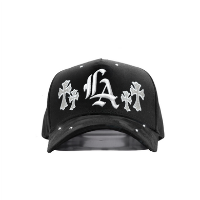 Gorra Crystal LA Cross de pana negra con cierre tipo snapback